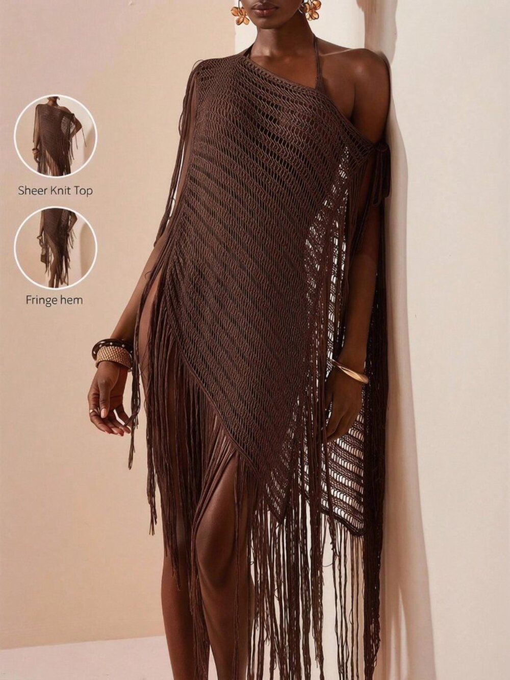 Rust Brown Elegant Women's Knit Off-Shoulder Tassel Cover-Up - Picture 6 of 11